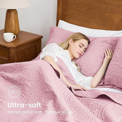 Love's cabin Twin Quilt Set Pink Bedspreads - Soft Bed Summer Lightweight Bedspread Comforter - Modern Style Coin Pattern Coverlet for All Season - 2 Pieces (1 Quilt, 1 Pillow Sham)