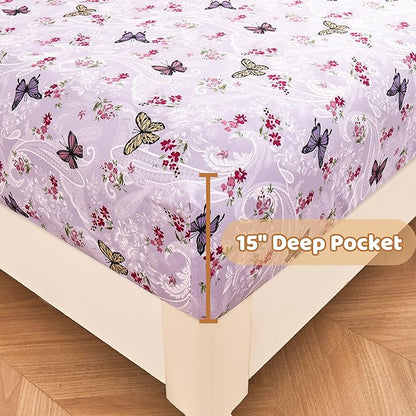 Softan Floral Twin Size Sheet Set, Purple Paisley Flower Printed Sheets for Kids Girls, Brushed Microfiber Fitted Sheet with 15" Deep Pocket & Non-Slip Straps, Butterfly Patterned Sheets