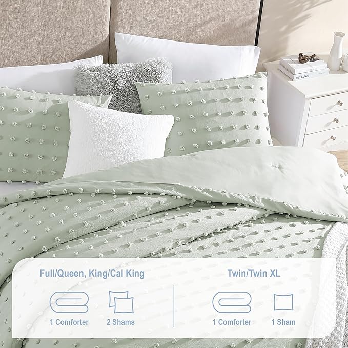 Swift Home Twin/Twin XL Sage Comforter Set - Decorative Tufted Pom Poms Bedding Set - 2 Pieces Bed Linen, 1 Comforter and 1 Pillow Sham