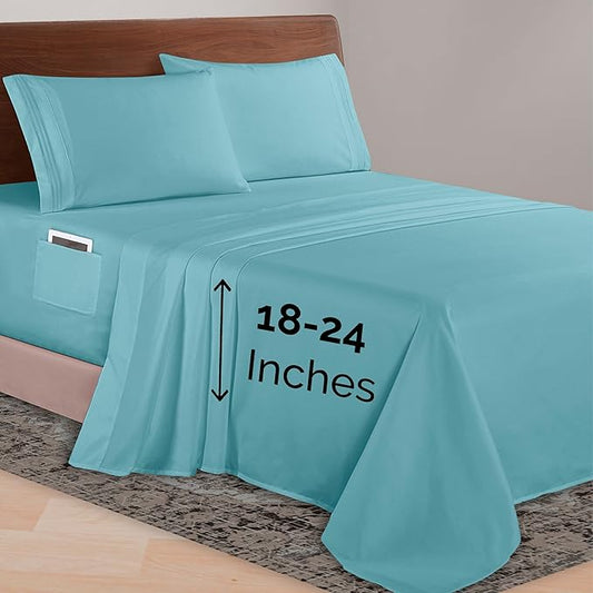 Elegant Comfort Luxurious 1500 Premium Hotel Quality Microfiber 4-Piece Sheet Set, 18-24 Inches Deep - Extra Deep Pocket Sheets - Ultra Soft 4PC Deep Pocket Sheets, Twin/Twin XL, Aqua Blue