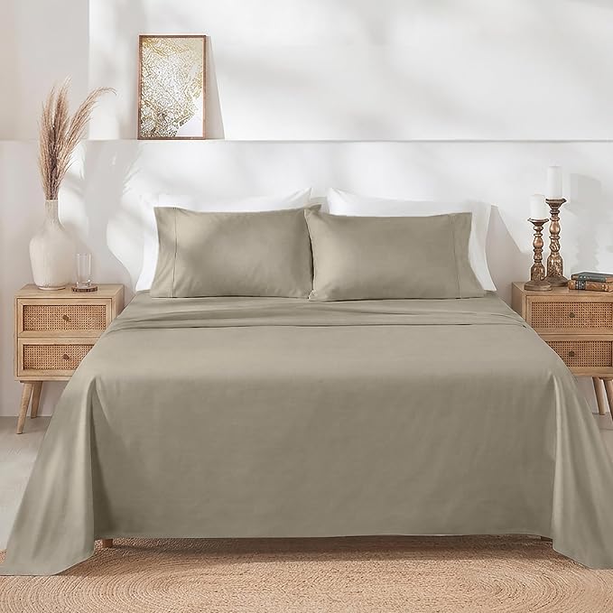 California Design Den Soft Twin Sheets Set - 400 Thread Count Sateen, Natural 100% Cotton Sheets, Deep Pockets, and Durable Bedding Set for Dorm Rooms & Adults - Taupe