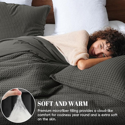 PHF Ultra Soft Waffle Weave Comforter Set Queen Size, 3 Pieces Lightweight Breathable Comfy Bedding Set, Comfy Textured 1 Comforter with 2 Pillow Shams, Grey