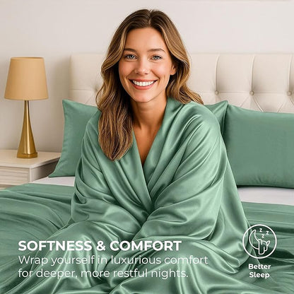 Pure Bedding Satin Sheets Twin [3-Piece, Champagne Green] Hotel Luxury Silky Bed Sheets - Extra Soft 1800 Microfiber Sheet Set, Wrinkle, Fade, Deep Pocket Fitted Sheet, Flat Sheet, Pillow Cases