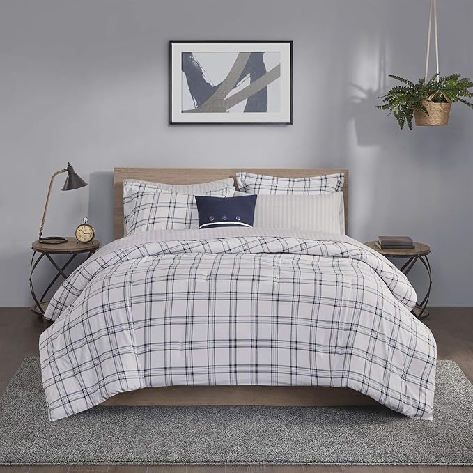 Madison Park Essentials Cozy Bed in A Bag - Reversible Comforter with Complete Sheet Set, Casual Plaid Cabin Design, All Season Cover, Decorative Pillow, Patrick Plaid Navy King(104"x92") 8 Piece