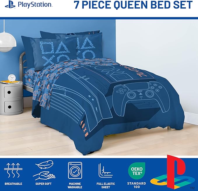 Jay Franco Kids Comforter Set Includes Sheets and Pillow Covers - Soft and Cozy Bed Set for Stylish Room Decor, Official Licensed Bedding, Blue - PlayStation, 7 Piece Queen