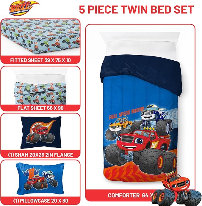 Jay Franco Kids Comforter Set Includes Sheets and Pillow Covers - Soft and Cozy Bed Set for Stylish Room Decor, Blue - Blaze and The Monster Machines, 5 Piece Twin Size Bedding