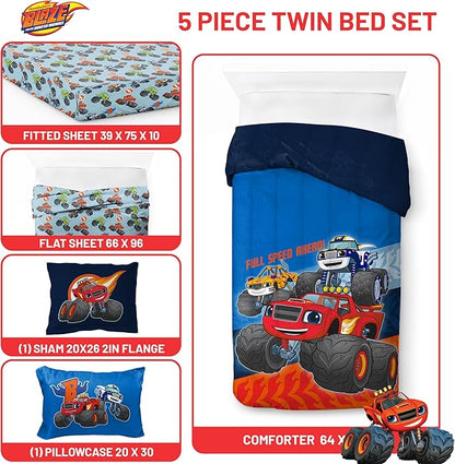 Jay Franco Kids Comforter Set Includes Sheets and Pillow Covers - Soft and Cozy Bed Set for Stylish Room Decor, Blue - Blaze and The Monster Machines, 5 Piece Twin Size Bedding
