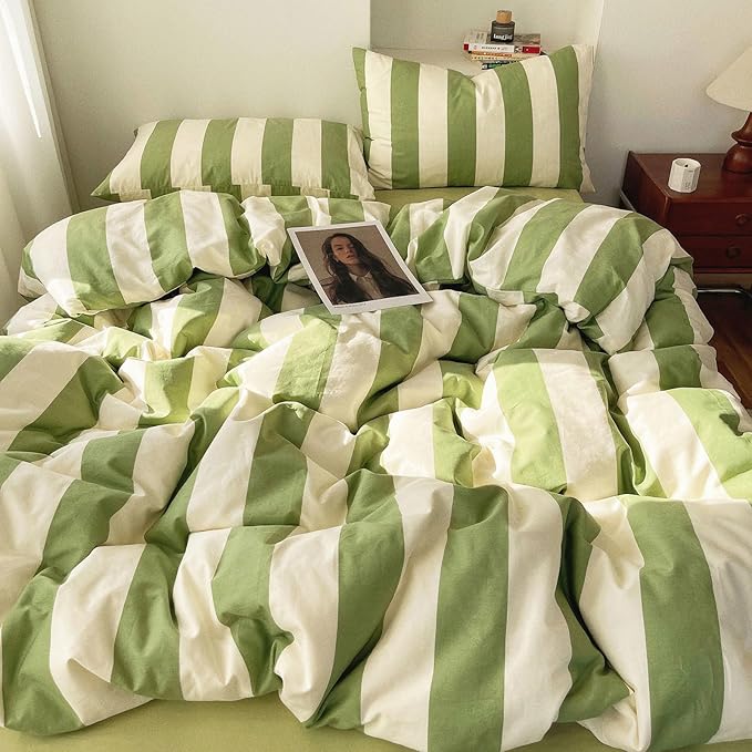 3 Pieces Striped Duvet Cover Set Queen, 100% Washed Microfiber Sage Green and White Stripes Pattern Printed Comforter Cover, Farmhouse Striped Bedding Set Soft Breathable Duvet Cover Queen Size