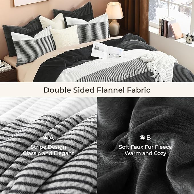 Litanika Fluffy Fleece Full Size Comforter Set, Luxury Soft Plush Fuzzy Grey White Stripe Bedding Comforter Sets, Warm Shaggy Faux Fur Bed Set All Season (1 Comforter, 2 Pillowcases)
