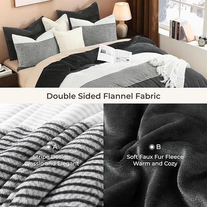 Litanika Fluffy Fleece Full Size Comforter Set, Luxury Soft Plush Fuzzy Grey White Stripe Bedding Comforter Sets, Warm Shaggy Faux Fur Bed Set All Season (1 Comforter, 2 Pillowcases)