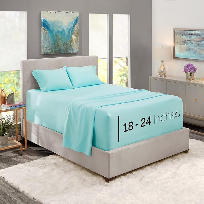 Nestl Queen Size Sheet Set, 4 Piece Extra Deep Pocket (18-24 inches), Microfiber, Hotel Luxury, Soft, Breathable, Wrinkle-Free, Easy to Care, Light Blue