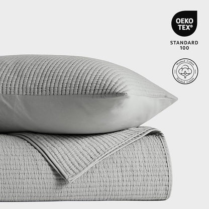 EVERGRACEHOME Cotton Coverlet Set King Size 3 Pieces, Lightweight Soft Ribbed Matelassé Bedspread Quilt Set, Cozy Oversized Quilted Bedding Set with 2 Pillow Shams for All Seasons, Fog Gray