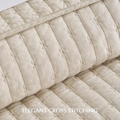EVERGRACEHOME Cross Stitch Pre-Washed Cotton Quilt Bedding Set King Size, Oversized 3 Pieces Lightweight Bedspread Coverlet for All Season, with 2 Matching Shams, Flax Beige,118"x106"