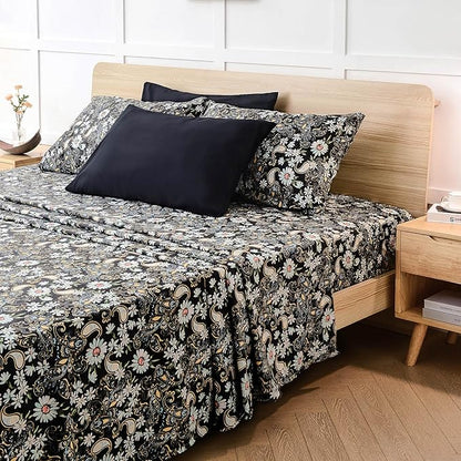 JSD Black Paisley Floral Printed Sheet Set King Size 6 Piece, Soft Pattern Microfiber Bed Sheets Extra Deep Pocket