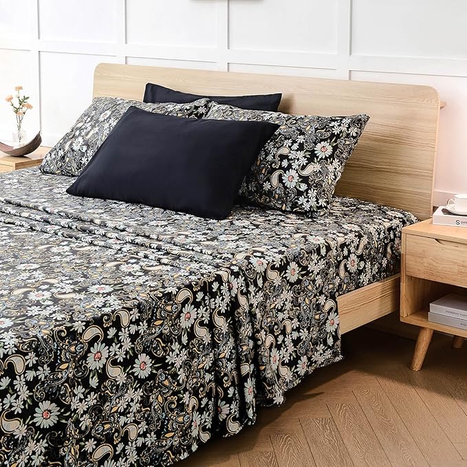 JSD Black Paisley Floral Sheet Set Queen Size 6 Piece, Printed Pattern Soft Microfiber Bed Sheets Extra Deep Pocket