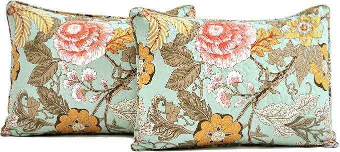 Lush Decor Sydney Reversible Cotton Quilt Set, 3 Piece Set, King, Blue & Green - Cotton Bedding Set - Blue Floral Quilt - Cottage Decor - Bedding King Size