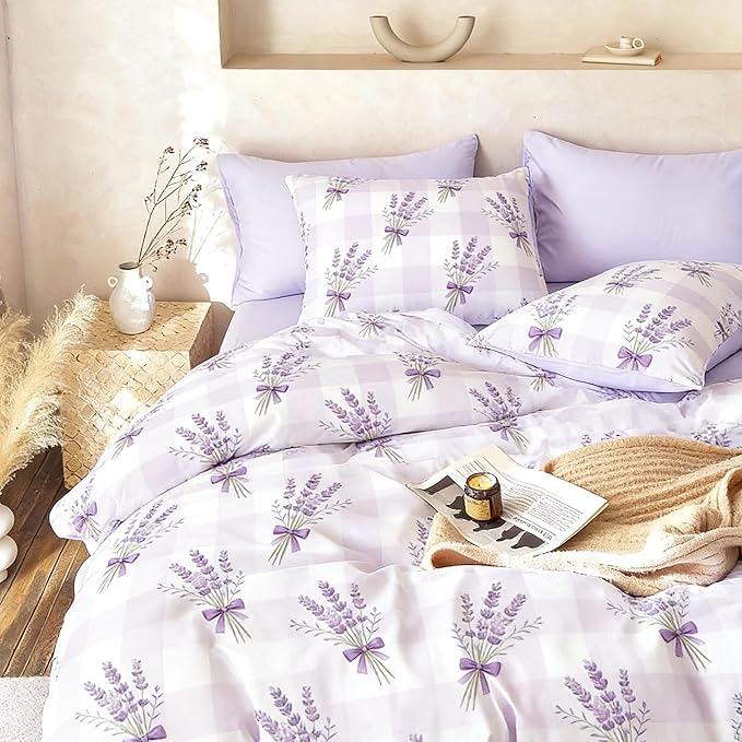 Gingham Twin Size Comforter Set for Girls Purple Lavender Bedding 2Pcs Boho Plaid Checkered Pattern Quilted Comforter with 1 Pillowcase, 68"x86"