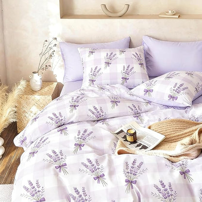 Gingham Twin Size Comforter Set for Girls Purple Lavender Bedding 2Pcs Boho Plaid Checkered Pattern Quilted Comforter with 1 Pillowcase, 68"x86"