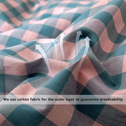 VM VOUGEMARKET Pink Plaid Comforter Set Full Blue Grid Gingham Down Comforter with 2 Pillowcases,Washed Cotton Modern Cozy Bedding Quilt Set for Teen Girls 80"x90"
