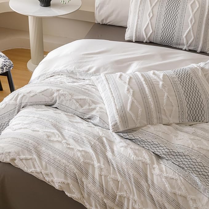 Luxlovery Boho White Comforter Set Full Women Men Farmhouse White Black Jacquard Bedding Set Bohemian Country Blanket Quilts Durable Soft Breathable 3PCS Comforter Set Full Bed