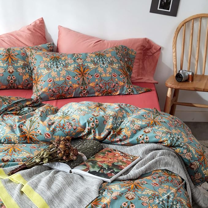 mixinni Vintage Floral Duvet Cover Twin XL Boho Bedding Soft Cotton Flower Pattern Bedding Set with Zipper Ties Perfect for Girls,Ultra Soft, Breathable, Comfortable(3pcs, Twin XL Size)