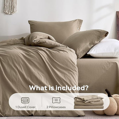 JELLYMONI 100% Washed Cotton Duvet Cover Full – Soft, Breathable Linen-Look Bedding with Natural Wrinkle Texture, Button Closure, 3-Piece Set (Dusty Khaki, 80"x90")