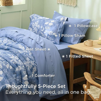 Bedsure Blue Twin XL Comforter Set - 5 Pieces Floral Bedding Sets Twin XL Bed in a Bag with Reversible Botanical Flowers Comforter, Sheets, Pillowcase & Sham