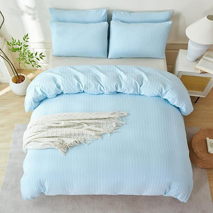 Comforter King Set Light Blue Striped Soft Luxury Washed Microfiber Jacquard 3 Pieces Bedding, Blue Vertical Ticking Stripes Pattern Comforter with 2 Pillowcases Breathable Durable Comfy