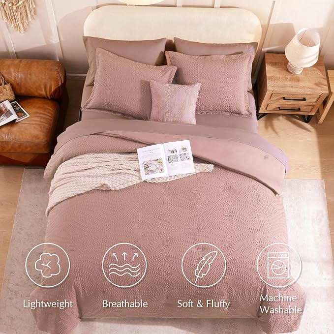 Geniospin Twin Comforter Set - 5 Pieces Dusty Pink Bedding Set, Botanical Textured Comforter Bed Set, All Season Lightweight Bed in a Bag with Comforter, Sheets, Pillowcases & Shams