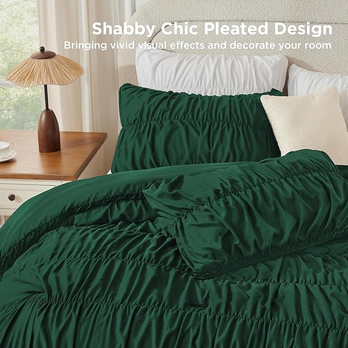 Andency Ruched Dark Emerald Green Oversized Queen Size Comforter Sets, Shabby Chic Pleated Bedding Sets 3 Pieces, Lightweight Soft Boho Ruffle Bed Set for Girls, Kids, Women, All Season