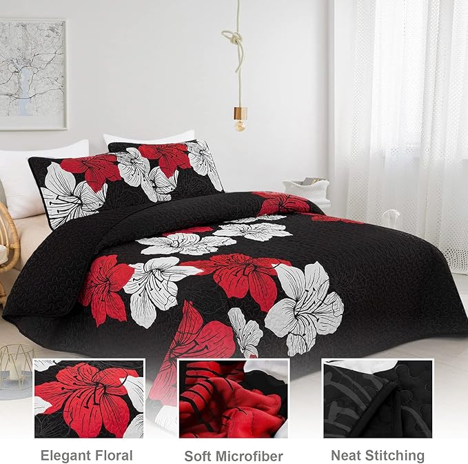 DJY 3 Pieces Quilt Set Queen Red Floral Pattern Quilt Coverlet Set Elegant Boho Bedspread with 2 Pillow Shams Lightweight Microfiber Bedding Quilt Set for All Season (Black, 90"x96")