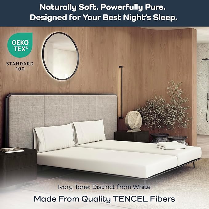 Olive + Crate Eucalyptus Sheets Set – Cooling Sheets for Hot Sleepers – 100% Organic Tencel Lyocell – Split King Size – Hypoallergenic, Moisture-Wicking – Deep Pockets, Durable (2) 38"x80" [Ivory]