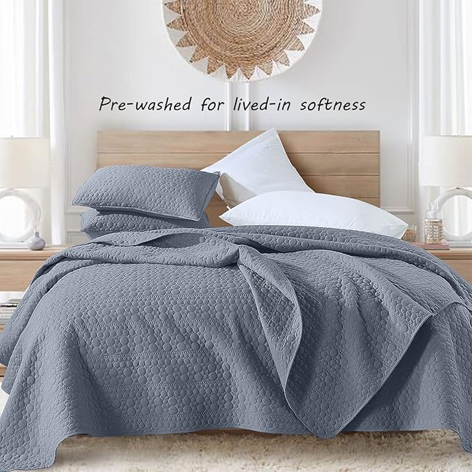 HORIMOTE HOME Quilt Set Twin Size Denim Blue, Classic Geometric Spots Stitched Pattern, Pre-Washed Microfiber Coverlet Ultra Soft Lightweight Quilted Bedspread for All Season, 2 Pieces