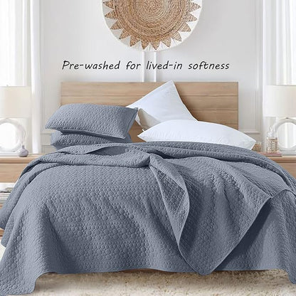 HORIMOTE HOME Quilt Set Twin Size Denim Blue, Classic Geometric Spots Stitched Pattern, Pre-Washed Microfiber Coverlet Ultra Soft Lightweight Quilted Bedspread for All Season, 2 Pieces