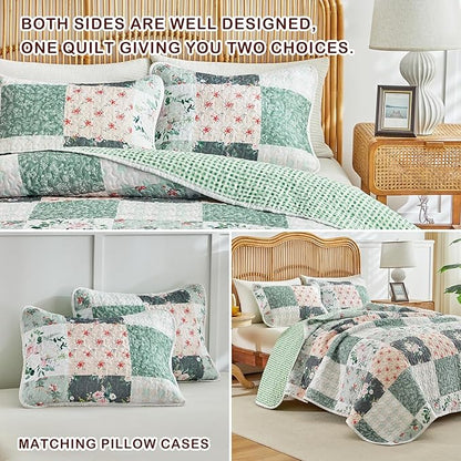 Joyreap 3 Pieces Floral Patchwork Quilt Set King, Green Flowers Design, Soft n Cozy Microfiber Quilt, Bedspread Bed Cover for All Season, 1 Quilt and 2 Pillow Shams- 102x90 inches