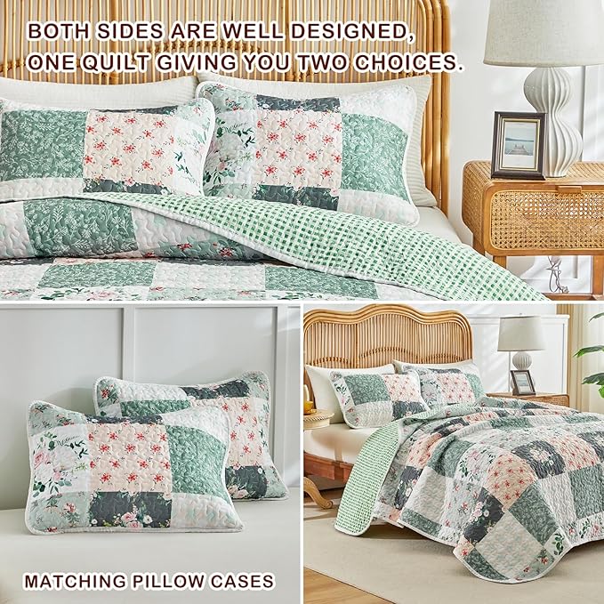 Joyreap 2 Pieces Floral Patchwork Quilt Set Twin, Green Flowers Design, Soft n Cozy Microfiber Quilt, Bedspread Bed Cover for All Season, 1 Quilt and 1 Pillow Sham- 68x86 inches