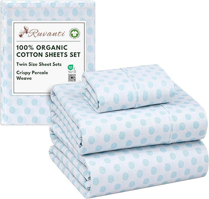 RUVANTI 100% Organic Cotton Sheets Twin Size, Percale Weave, GOTS Certified, 3-Piece Set, Deep Pocket 15", Crisp & Breathable, Soft Durable Bedding, Sábanas Algodón Orgánico – Circle Imprint