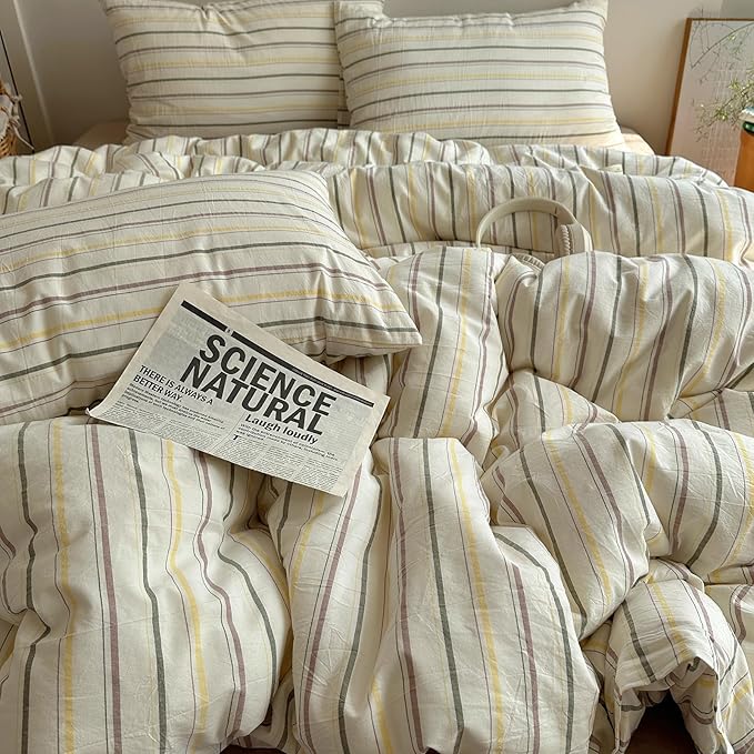 EAVD Vintage Colorful Striped Comforter Set Twin XL Soft Cotton 3-Piece Retro Vertical Striped Bedding Set with 2 Pillowcases Boho Geometric Comforter Set for All-Season(Green&Yellow&Brown, Twin XL)