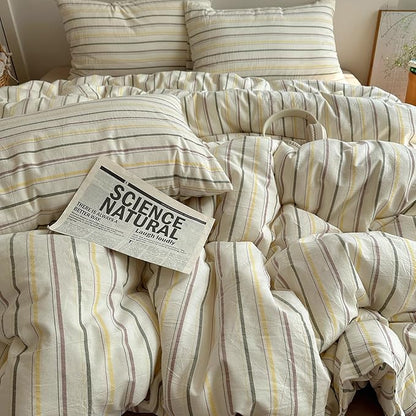 EAVD Vintage Colorful Striped Comforter Set Twin XL Soft Cotton 3-Piece Retro Vertical Striped Bedding Set with 2 Pillowcases Boho Geometric Comforter Set for All-Season(Green&Yellow&Brown, Twin XL)