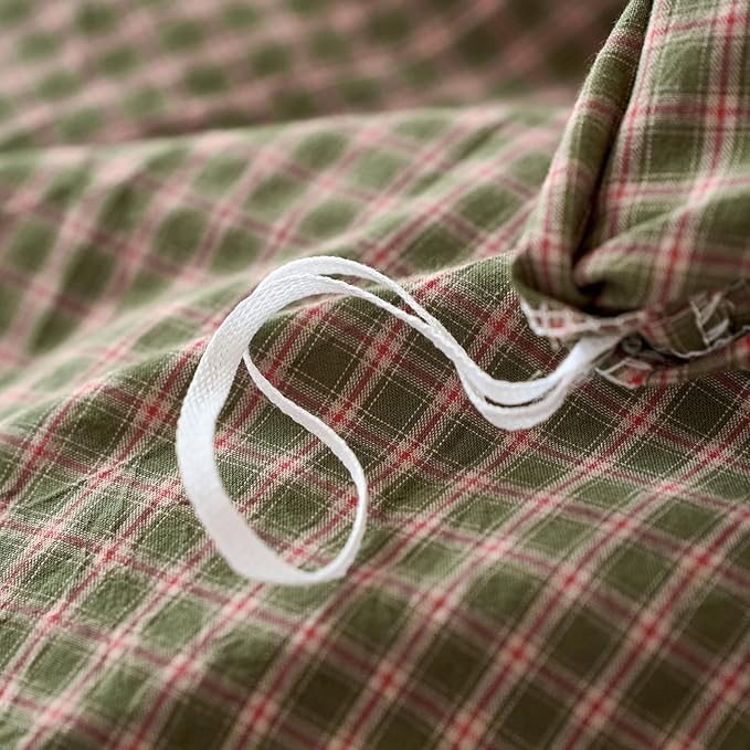 Gingham Queen Duvet Cover Set Sage Green Washed Cotton Queen Size Comforter Cover Plaid Checkered Country Zipper Duvet Cover Set with Corner Ties Boho Soft Bedding Set for Boys Duvet Protector