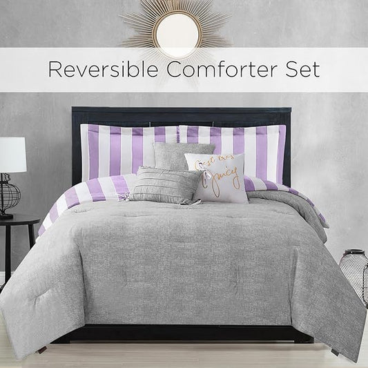 Juicy Couture Cabana Stripe Reversible Bedding Set - King Size - Lavender/White Stripe Print – 6 Piece Set – Includes 1 104" x 90" Comforter, 3 Decorative Pillows, 2 Shams