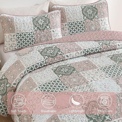 Dobuyly Blush Quilt Set King Size, Boho Patchwork Plaid Bedspread Coverlet Set, 3 Pieces Soft Microfiber Farmhouse Quilt Bedding Set Lightweight Bed Cover for All Seasons 110"x90"