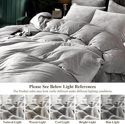 Ivellow Velvet Duvet Cover Queen Set - Smoky Gray Velvet Comforter Cover 3Pcs Ultra Soft Duvet Breathable Solid Luxury Flannel Velour Zipper Closure Corner Tie