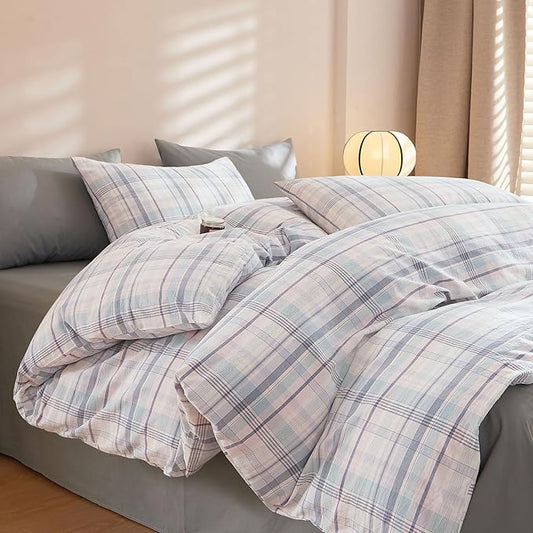 EAVD Colorful Gingham Duvet Cover Queen Soft Washed Cotton Chic Grid Plaid Duvet Cover with 2 Pillowcases Modern Grid Checkered Bedding Set for Boys Girls Women Men Farmhouse Gingham Bedding Set