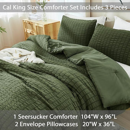 AveLom Seersucker Comforter Set - Dark Olive Green, California King, 104x96, 3 Pieces