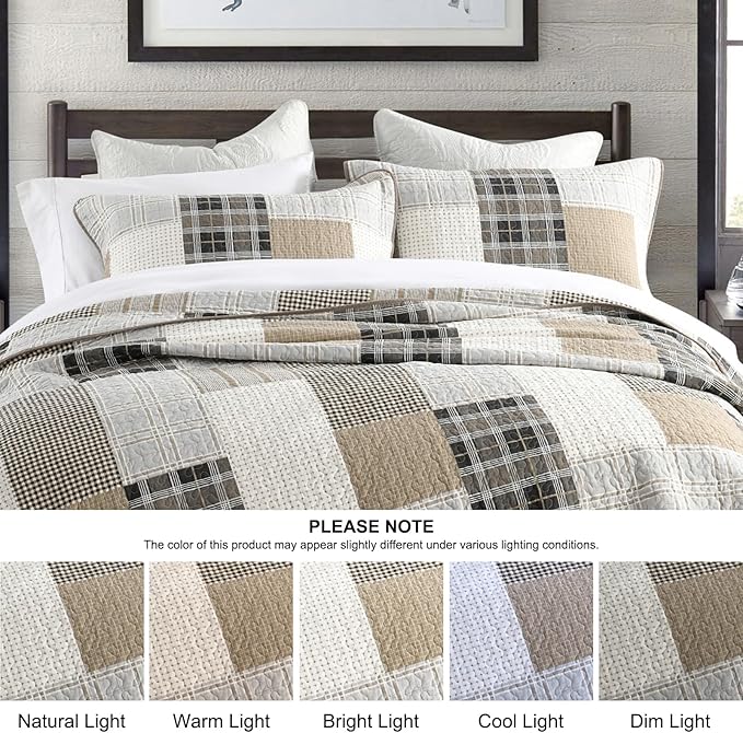 PANGUSHAN 100% Cotton Quilt Set King Size, King Size Farmhouse Plaid Patchwork Reversible Rustic Quilt Bedding Set Quilted Bedspread Lightweight Comforter for King Bed, 3pcs, Gray/Cream/Beige