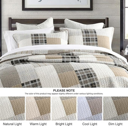 PANGUSHAN 100% Cotton Quilt Set King Size, King Size Farmhouse Plaid Patchwork Reversible Rustic Quilt Bedding Set Quilted Bedspread Lightweight Comforter for King Bed, 3pcs, Gray/Cream/Beige