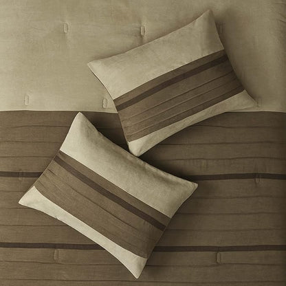 Madison Park Cozy Comforter Set-Luxury Faux Suede Design, Striped Accent, All Season Down Alternative Bedding, Matching Shams, Decorative Pillow, Natural, California King (104 in x 92 in)