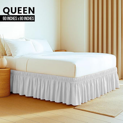 Wrap Around Ruffle Queen Size Bed Skirt – Adjustable Buckle & Elastic Belt for Easy Installation, 16 Inch Drop – Brushed Microfiber - Machine Washable, Fade and Wrinkle Resistant, White