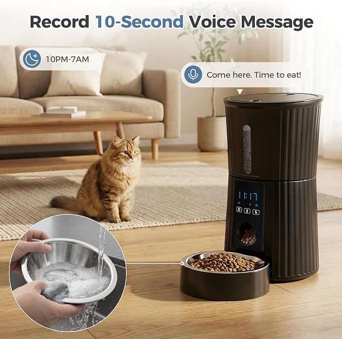 DUMOS 4L Automatic Cat Feeder, Dog Food Dispenser with APP Control, Black | 2.4G WiFi, 10s Voice Recorder, Dual Power, Desiccant Bag, Stainless Steel Bowl, Programmable Feeder for Small Cats and Dogs